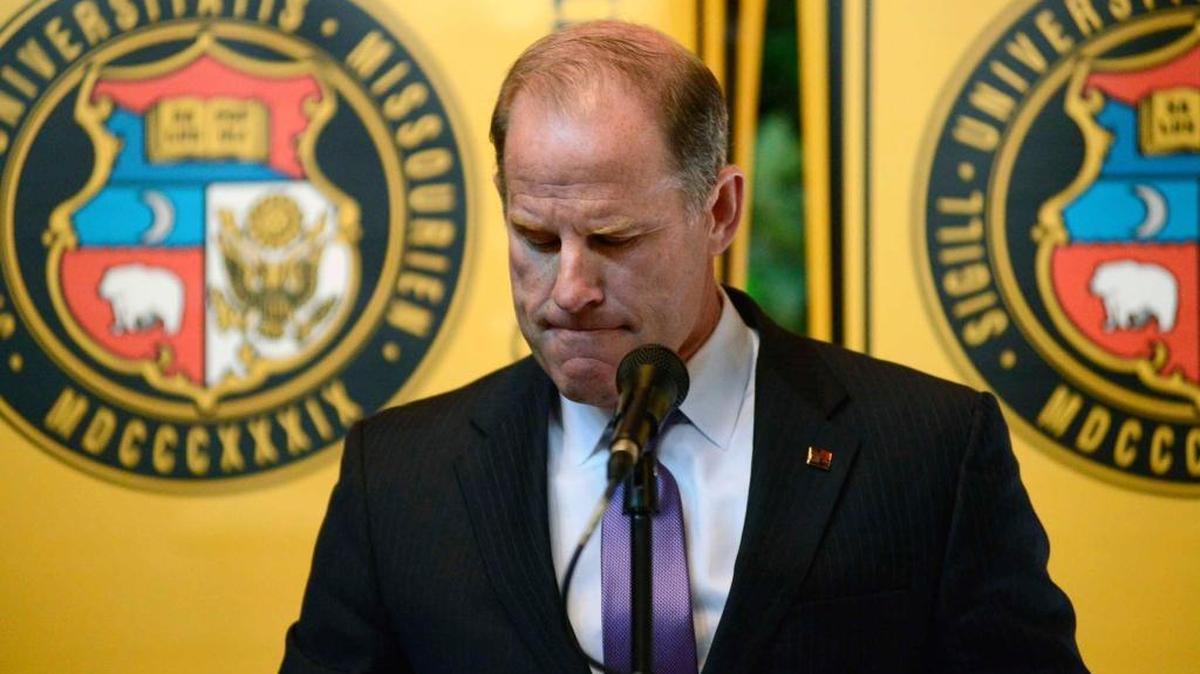 University of Missouri system President Tim Wolfe announces his resignation Monday, Nov. 9, 2015, in Columbia, Mo. Wolfe has been under fire for his handling of race complaints that had threatened to upend the football season and moved one student to go on a hunger strike.