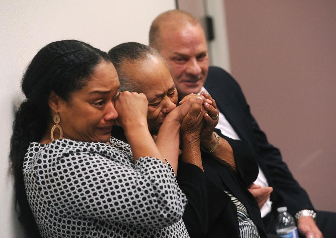 O.J. Simpson's sister Shirley Baker, middle, daughter Arielle Simpson, left, and friend Tom Scotto react after O.J. Simpson was granted parole at Lovelock Correctional Center in Lovelock, Nev., on Thurs., July 20, 2017. Simpson was convicted in 2008 of enlisting some men he barely knew, including two who had guns, to retrieve from two sports collectibles sellers some items that Simpson said were stolen from him a decade earlier.
