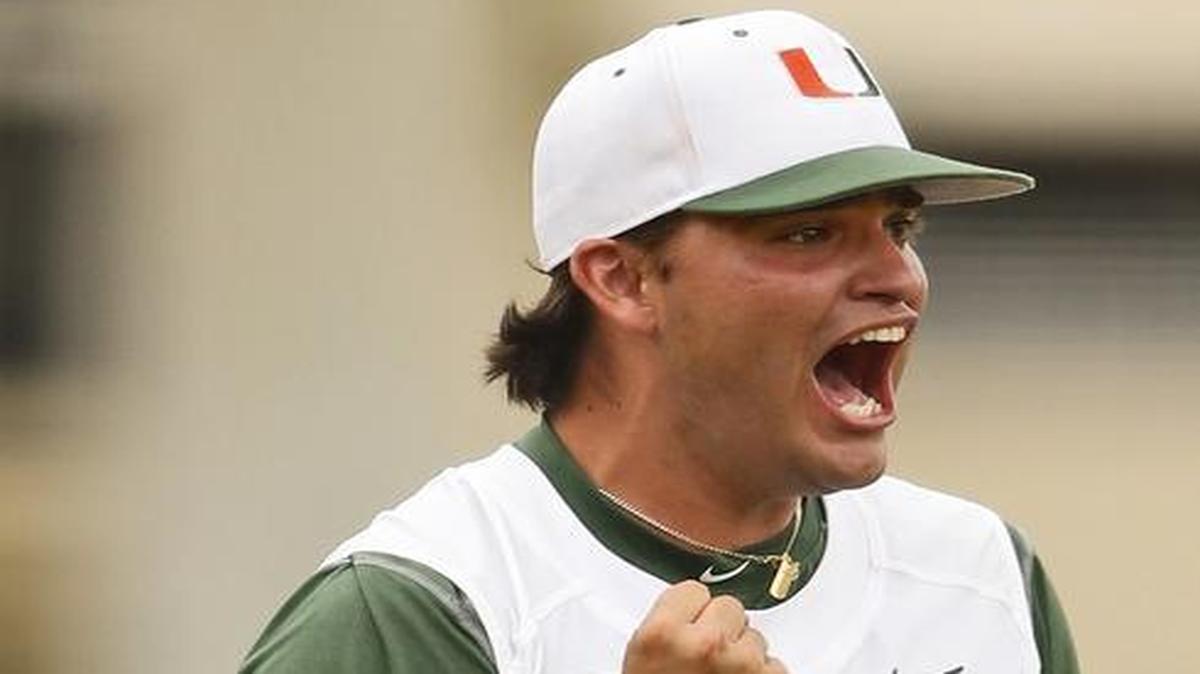 
Pitcher Bryan Garcia reacts after UM’s 3-2 victory against Virginia Commeonwealth in an NCAA Super Regional at Mark Light Field in Coral Gables on Friday, June 5, 2015.
