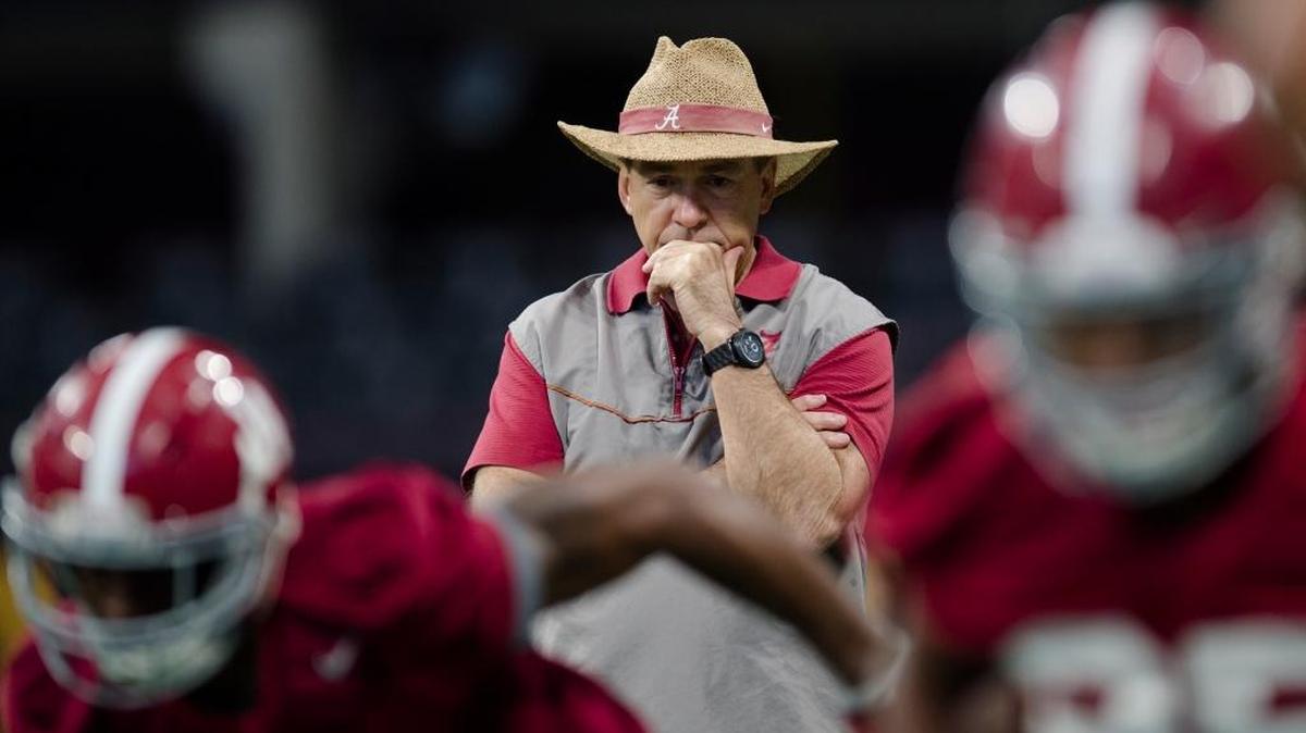 Alabama head coach Nick Saban looks on during NCAA college football practice Saturday, Jan. 6, 2018, at the Mercedes-Benz Stadium in Atlanta. The Crimson Tide face Georgia in the national championship on Monday.