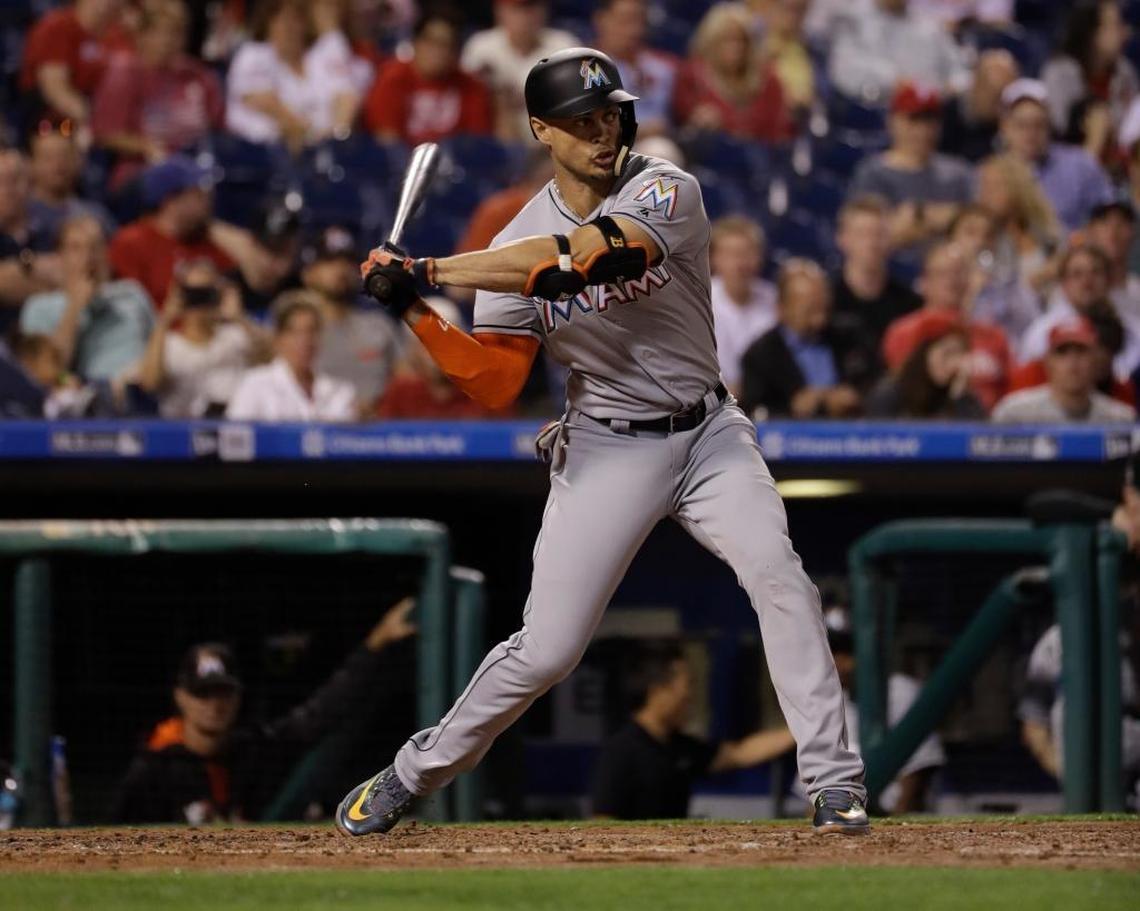 Miami Marlins' Giancarlo Stanton in action during a baseball game against the Philadelphia Phillies, Tuesday, Sept. 12, 2017, in Philadelphia.