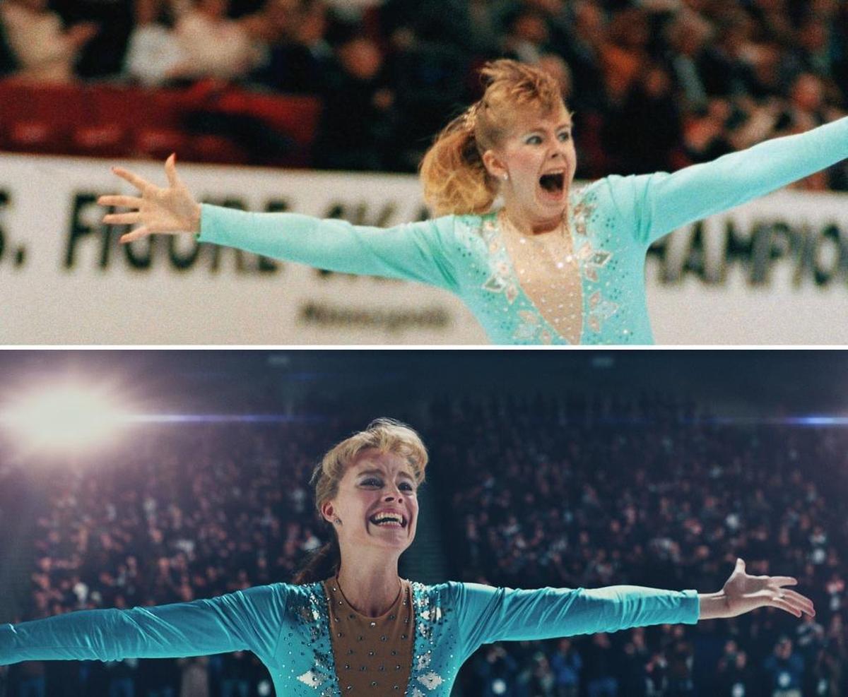 At top, Tonya Harding competing. Below, Margot Robbie portrays Harding in the new film, “I, Tonya.”