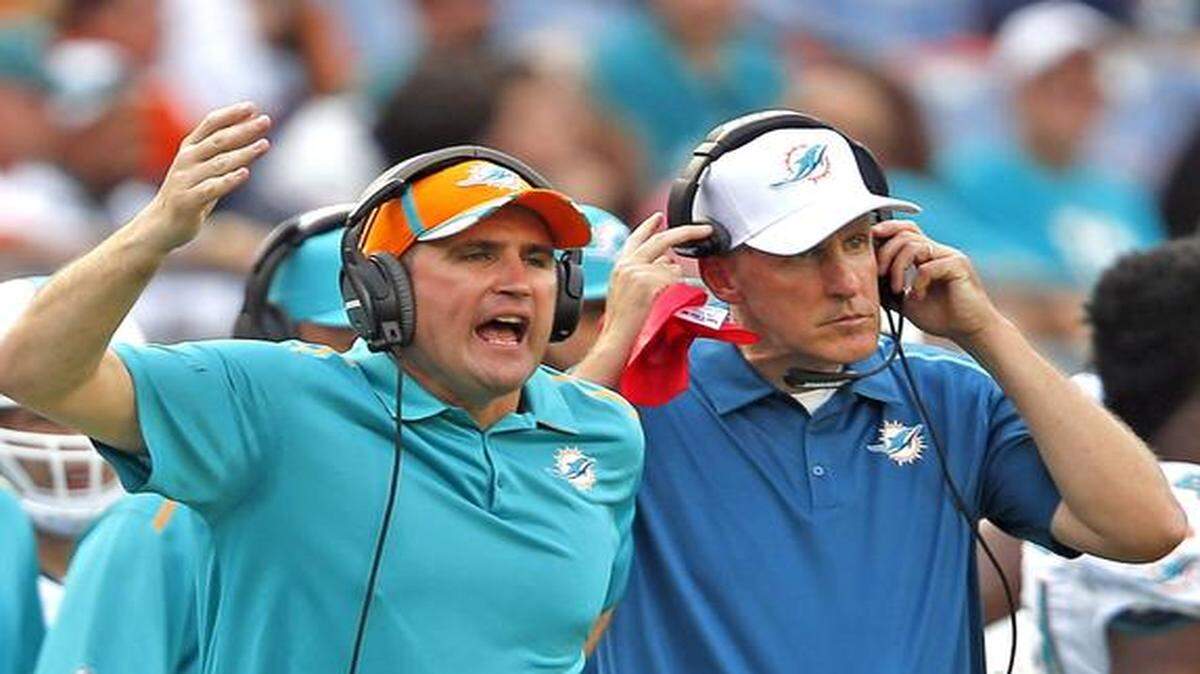 
Miami Dolphins assistant coach Darren Rizzi reacts with head coach Joe Philbin during an official review in the third quarter as they play the Minnesota Vikings at Sun Life Stadium on Sunday, Dec. 21, 2014.
