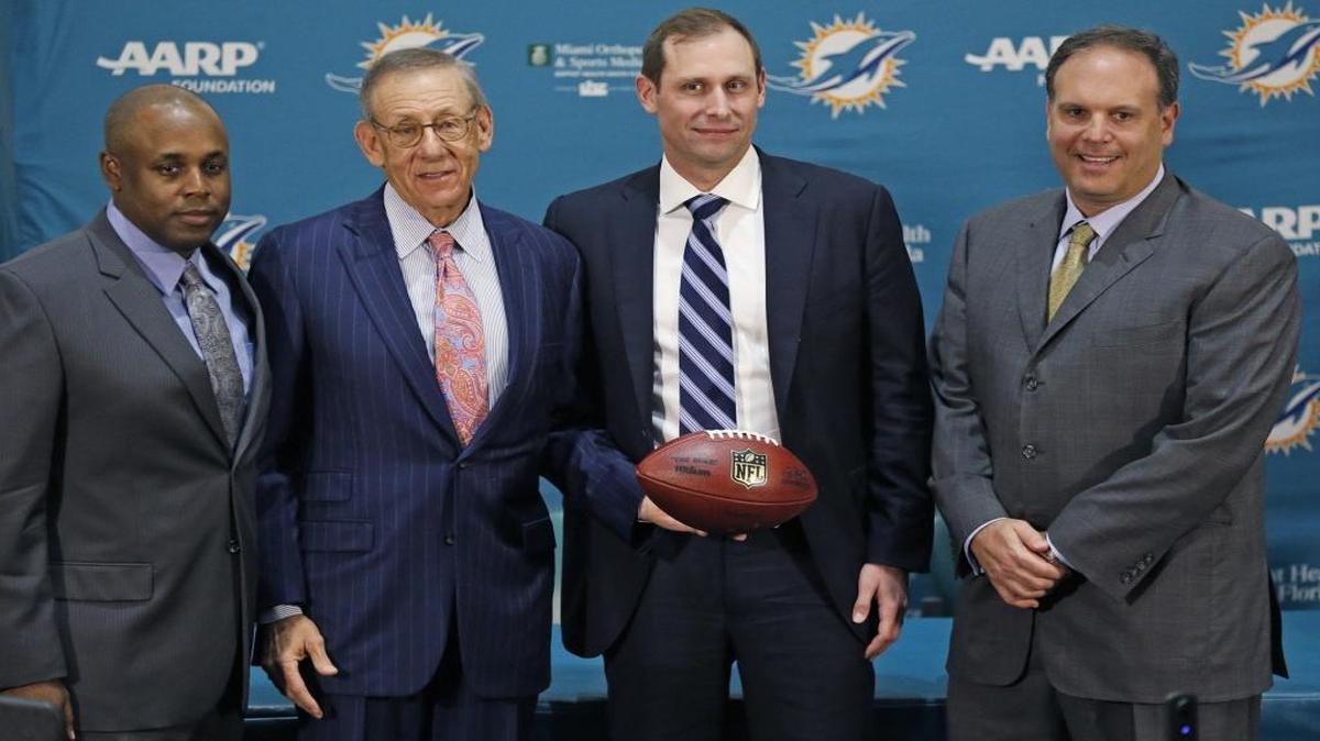 Dolphins brass is under pressure to return the team to the playoffs for the first time since the 2008 season. From left, GM Chris Grier, owner Stephen Ross, coach Adam Gase and VP of football operations Mike Tannenbaum.