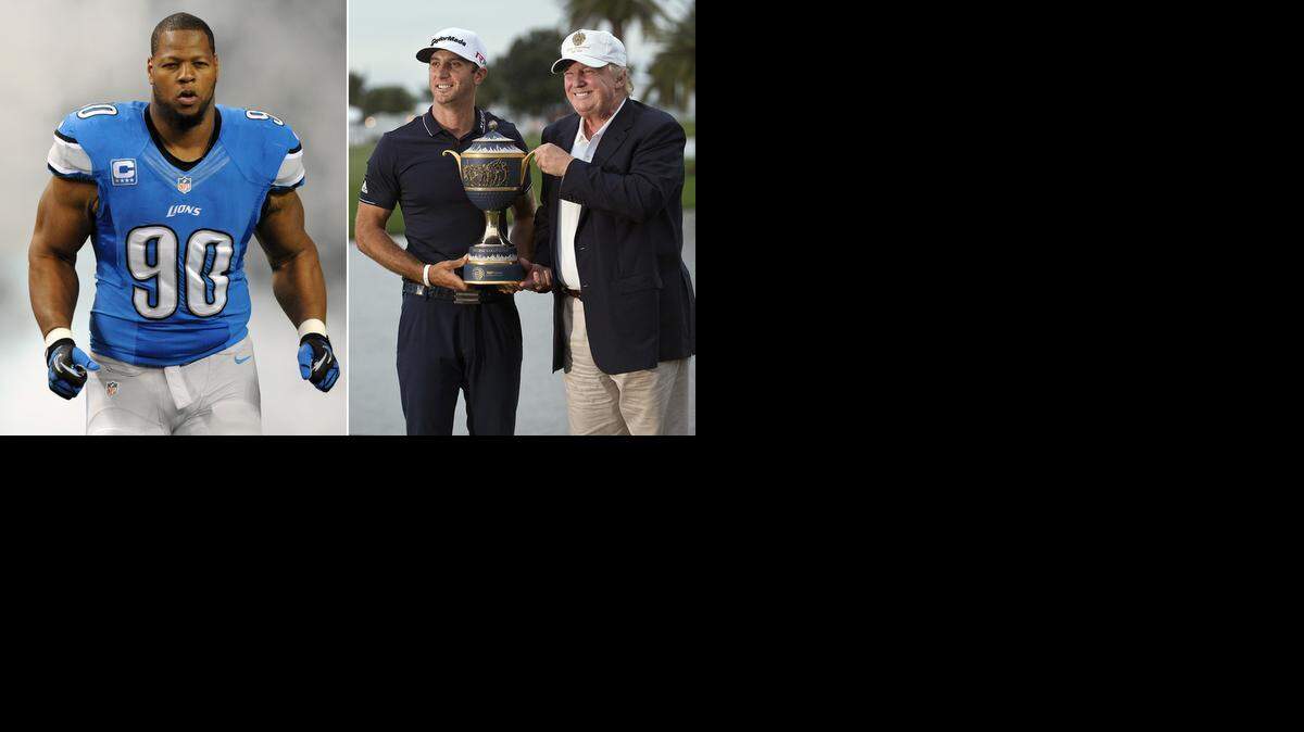 
Reports say Ndamukong Suh, left, is expected to sign a six-year, $114 million deal with the Miami Dolphins. Dustin Johnson poses with Donald Trump, right, after winning the WGC-Cadillac Championship.
