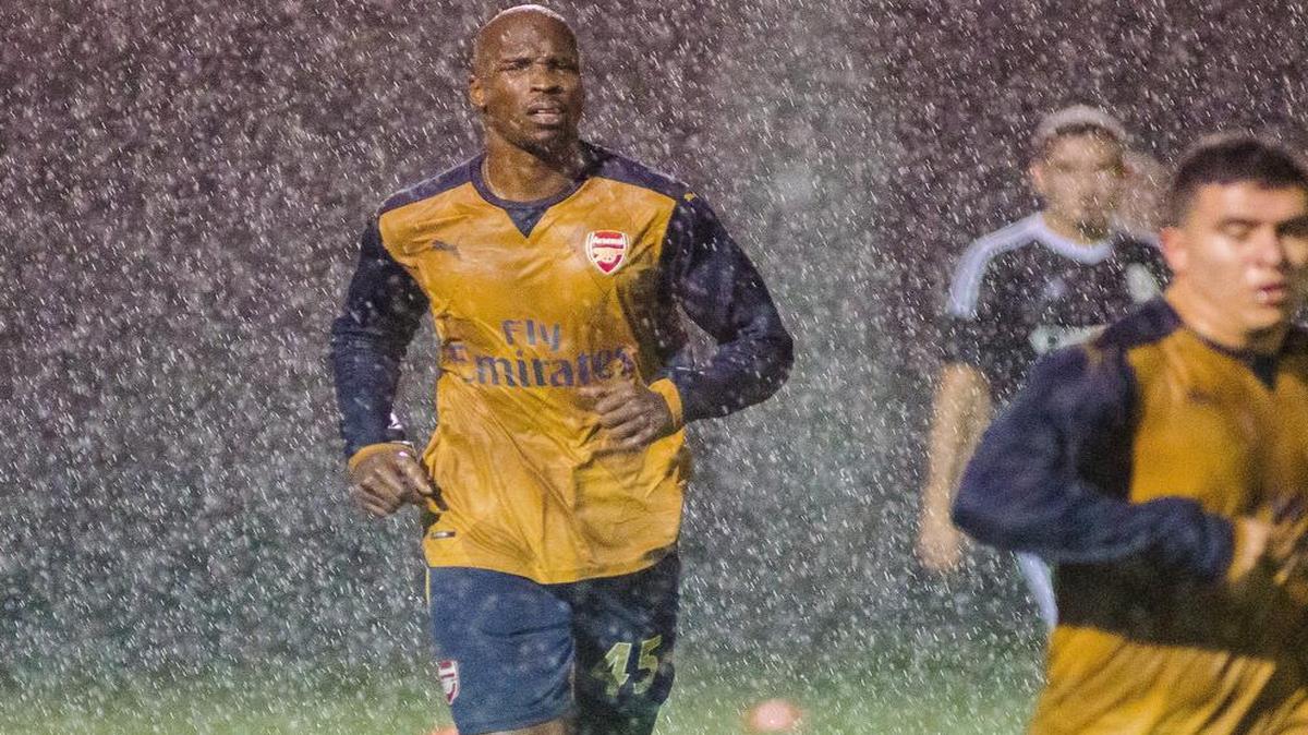 
Chad “Ochocinco” Johnson plays in a league soccer game in West Kendall on Wednesday, Sept. 16, 2015. 
