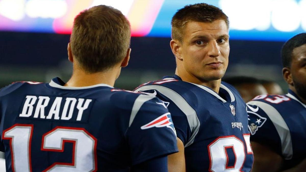 New England Patriots tight end Rob Gronkowski and quarterback Tom Brady during the second half of an NFL preseason football game against the New York Giants, Thursday, Aug. 31, 2017, in Foxborough, Mass.