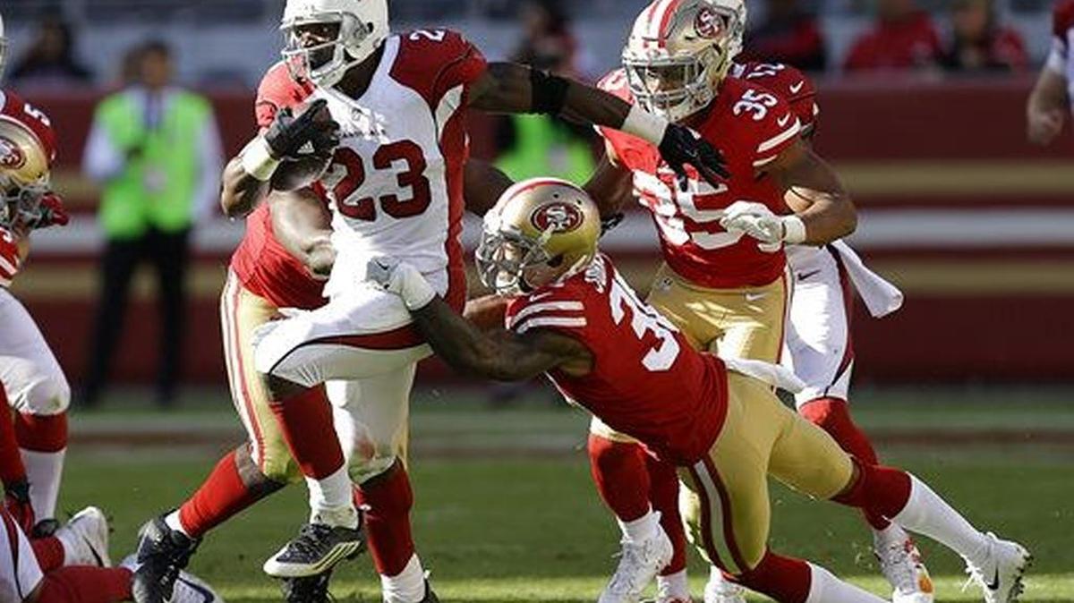 Cardinals’ Adrian Peterson, seen running through 49ers defense Sunday, won’t find it as easy Thursday night vs. Seattle.