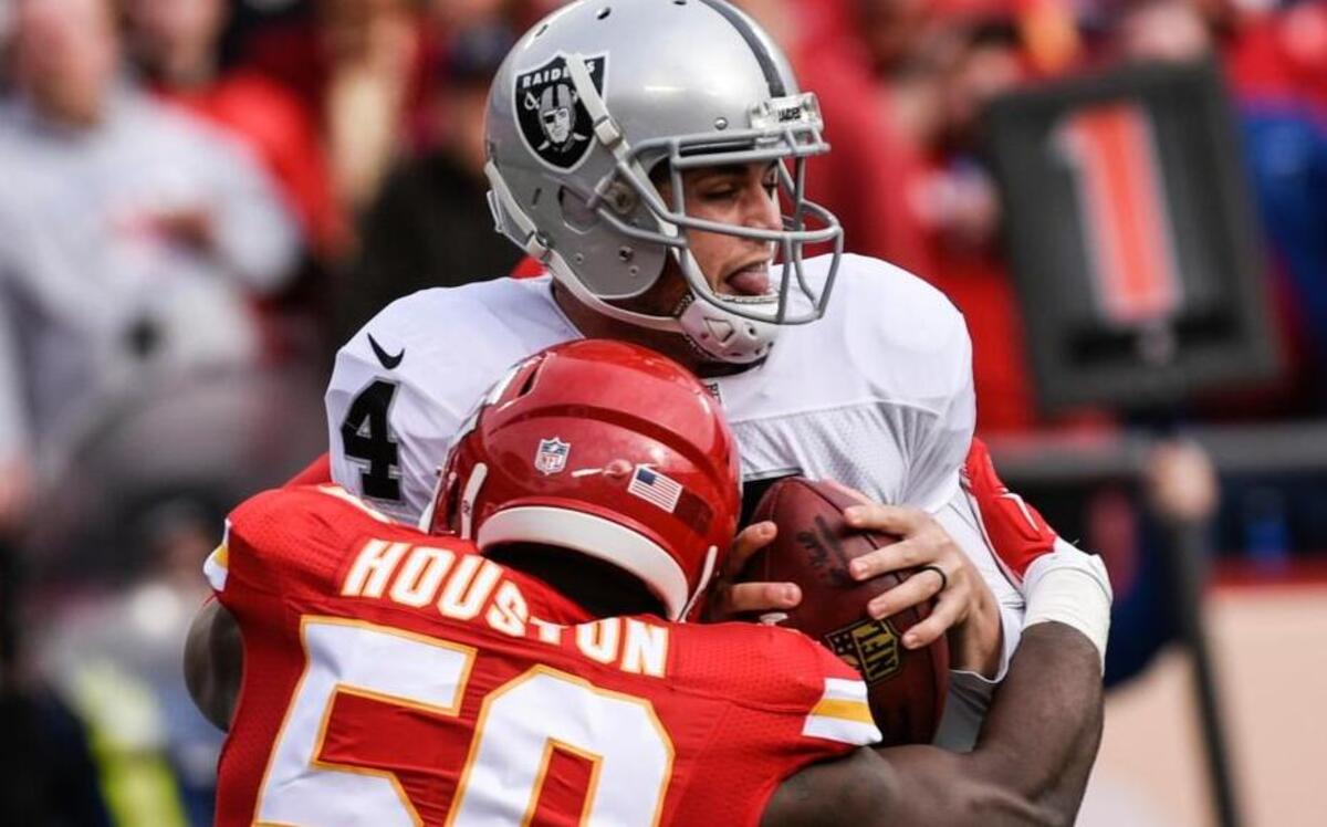 Kansas City Chiefs outside linebacker Justin Houston (50) sacks Oakland Raiders quarterback Derek Carr (4) during the first half of their NFL football game, in Kansas City, Mo. The Raiders are 10-2 and leading the AFC West, one of the surprise teams in the NFL, while the Chiefs are 9-3 with a win over Oakland already in their pocket. The winner of their primetime matchup at frosty Arrowhead Stadium on Thurs., Dec. 8, 2016, will have the inside track on ending a lengthy division title drought, not to mention the potential for a first-round playoff bye and a home game in the second round.