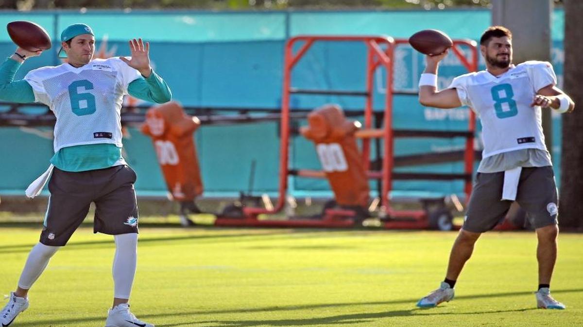 Miami Dolphins quarterbacks Jay Cutler (6) and Matt Moore (8) throw the ball during the Miami Dolphins training camp in Davie, Fl, August 8, 2017.