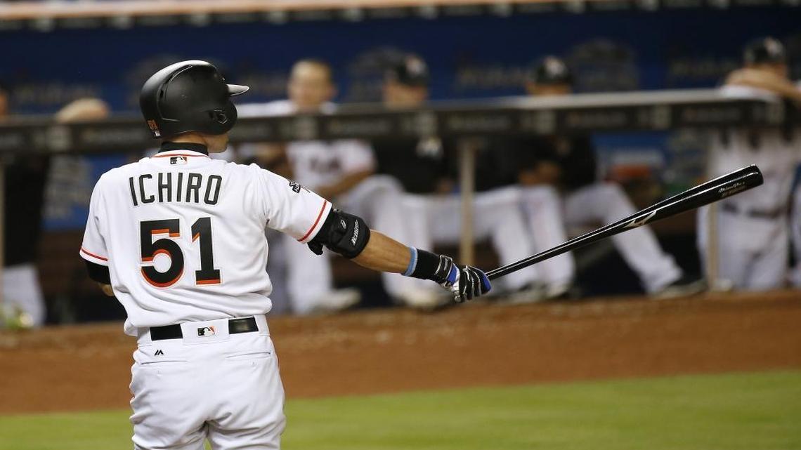 Miami Marlins pinch hitter Ichiro Suzuki bats during the ninth inning of a baseball game against the Washington Nationals at Marlins Park on Tuesday, June 20, 2017 in Miami.