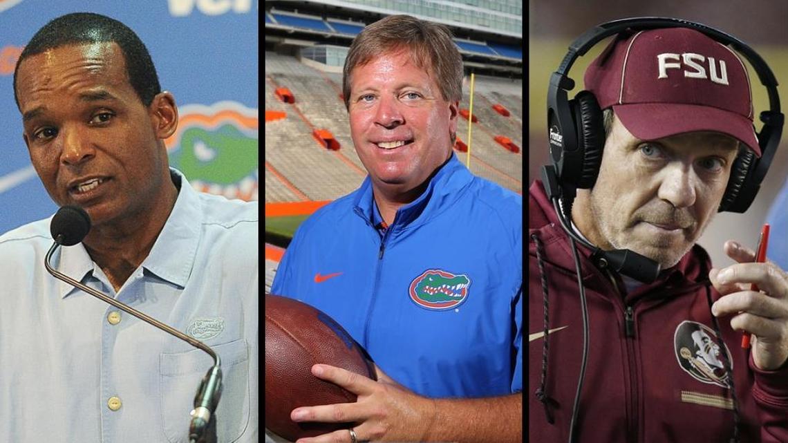 From left, former UM coach and Florida interim head coach Randy Shannon, fired UF coach Jim McElwain and FSU coach Jimbo Fisher.