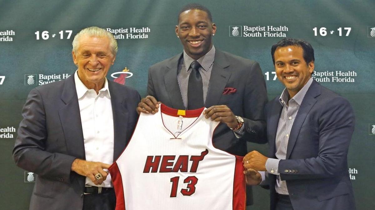 Miami Heat's president Pat Riley and coach Erik Spoelstra introduce the team's first-round draft pick Bam Adebayo to the media Friday, June 23, 2017, at the AmericanAirlines Arena in Miami.
