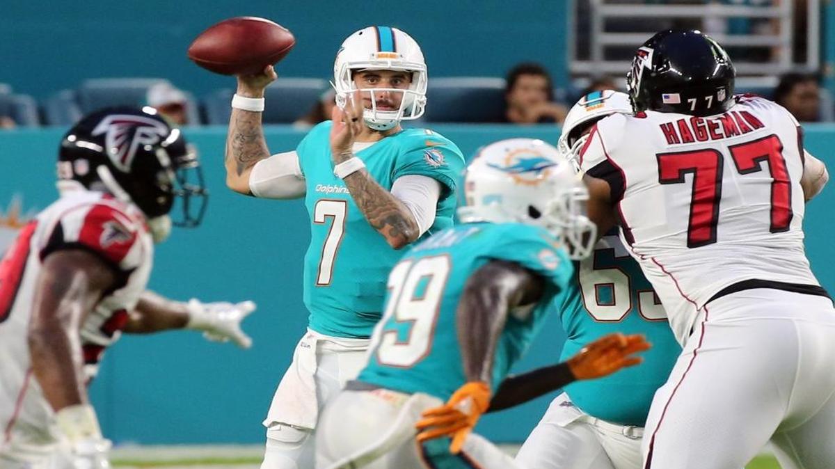 Dolphins quarterback Brandon Doughty (7) in the second quarter as the Miami Dolphins play the Atlanta Falcons in the first preseason game at the Hard Rock Stadium in Miami Gardens, Florida, Aug. 10, 2017.