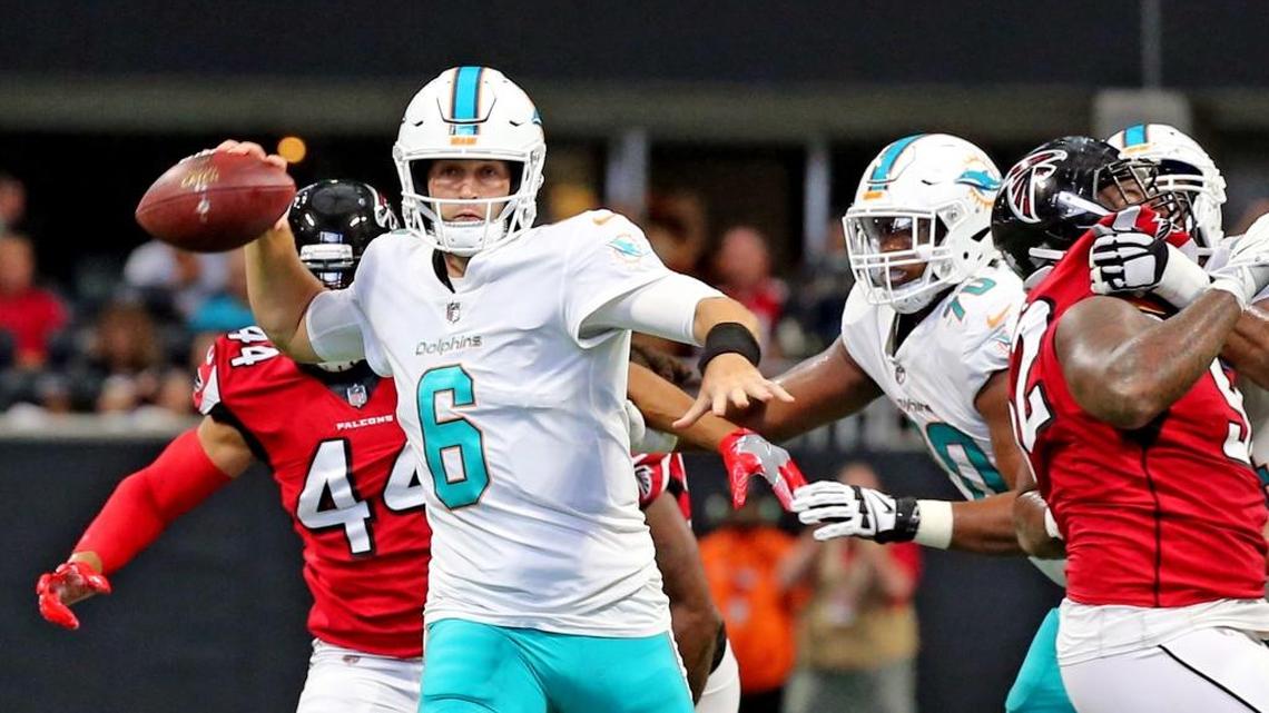 Miami Dolphins quarterback Jay Cutler (6) throws an interception late in the second quarter as they play the Atlanta Falcons at the Mercedes-Benz Stadium in Atlanta, Georgia, Oct. 15, 2017.