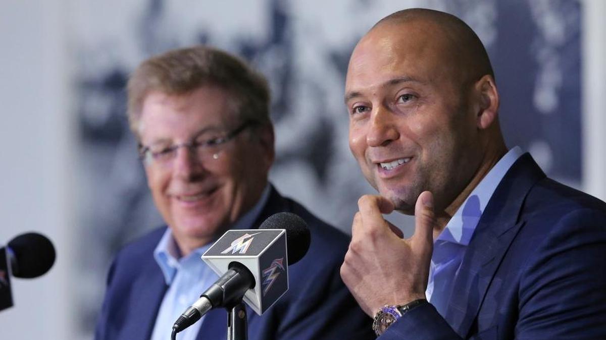 Bruce Sherman, left, and Derek Jeter hold their first press conference as Marlins owners on Tuesday, Oct. 3, 2017.