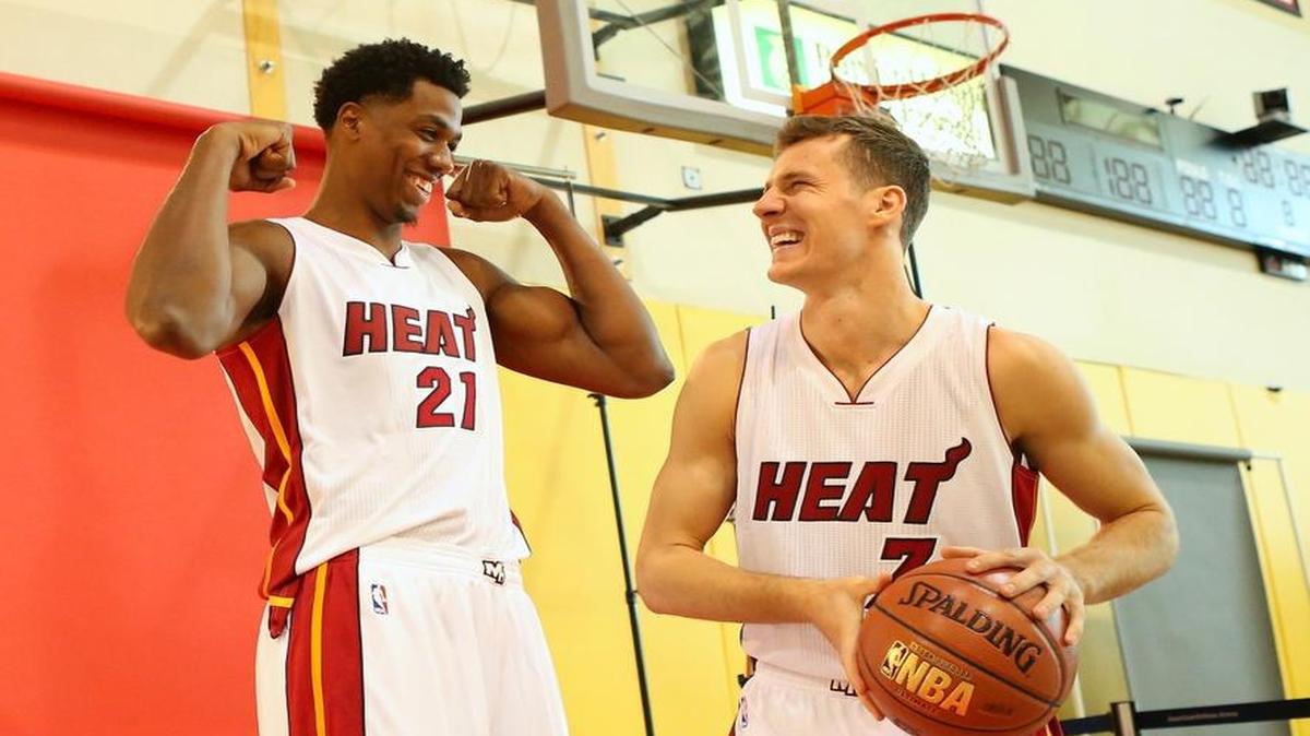 Miami Heat center Hassan Whiteside and guard Goran Dragic share a laugh during media day at AmericanAirlines Arena in Miami on Monday, September 26, 2016.