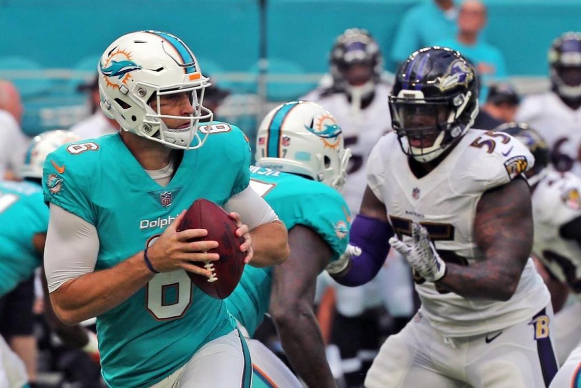 Dolphins quarterback Jay Cutler (6) as the Miami Dolphins play the Baltimore Ravens in their second preseason game at Hard Rock Stadium in Miami Gardens.