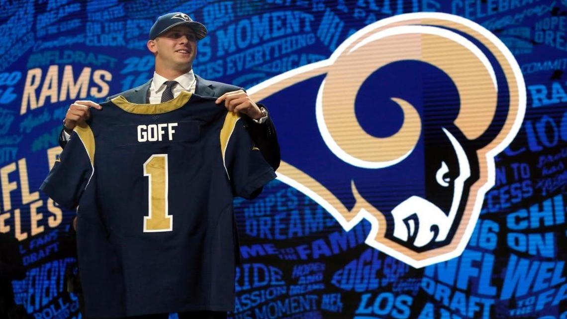 In this April 28, 2016, file photo, California's Jared Goff poses for photos after being selected by the Los Angeles Rams as the first pick in the first round of the 2016 NFL football draft, in Chicago. Your assignment, as No. 1 overall pick in April's draft who has not gotten on the field yet, but starts Sunday for the Rams against the Dolphins, is simple: win.