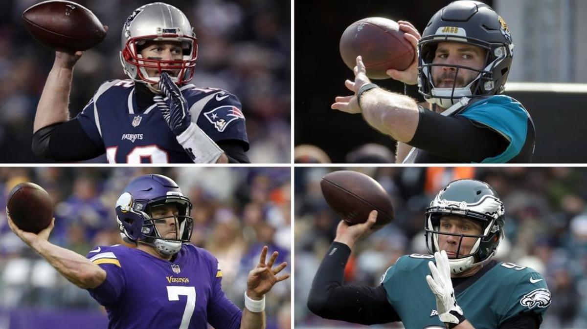 Patriots QB Tom Brady, top left, is the lone big name remaining in the NFL’s final four. His Patriots will take on Jacksonville’s Blake Bortles, top right. While Minnesota’s Case Keenum, bottom left, will square off with Philadelphia’s Nick Foles for a spot in the Super Bowl.