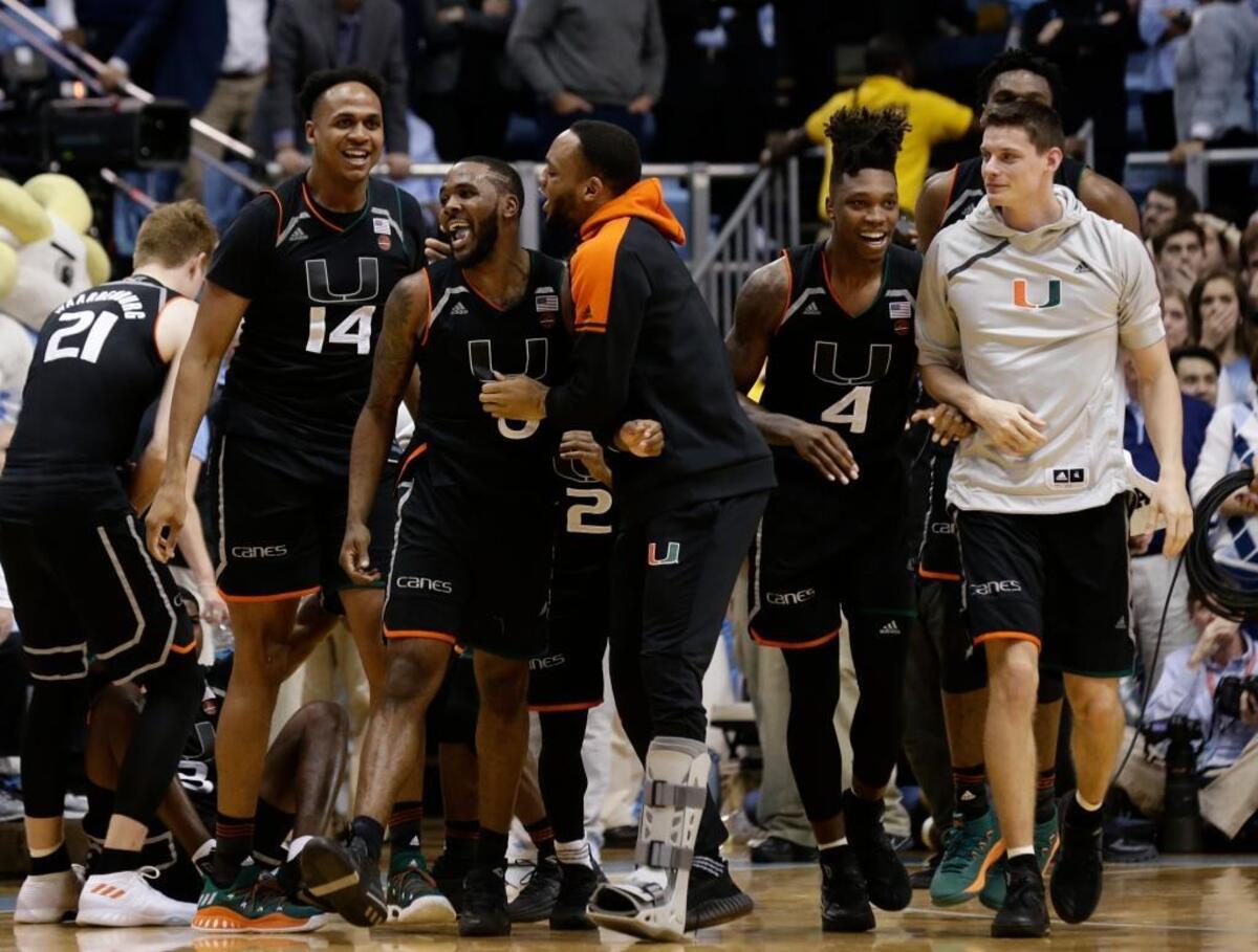 Miami’s Ja’Quan Newton is congratulated by teammates following Newton’s game-winning shot against North Carolina as time expired in the NCAA basketball game in Chapel Hill, N.C., Tuesday, Feb. 27, 2018. The Hurricanes won 91-88.