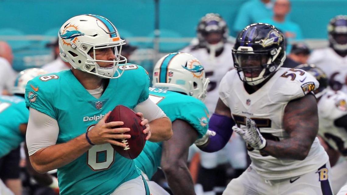 Dolphins quarterback Jay Cutler (6) as the Miami Dolphins play the Baltimore Ravens in their second preseason game at Hard Rock Stadium in Miami Gardens, Fla., Aug. 17, 2017.