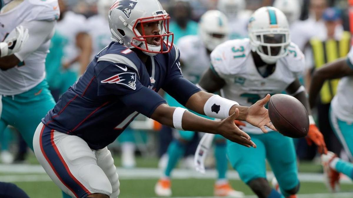 New England is down to third-string quarterback Jacoby Brissett, shown pitching the ball during Sunday’s game against the Dolphins, making his first NFL start as Tom Brady is still suspended and Jimmy Garoppolo’s shoulder was injured against Miami.