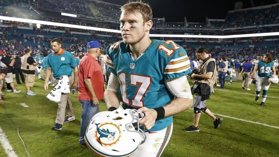 Miami Dolphins quarterback Ryan Tannehill (17) walks off the field after losing to the Giants on December 14, 2015.