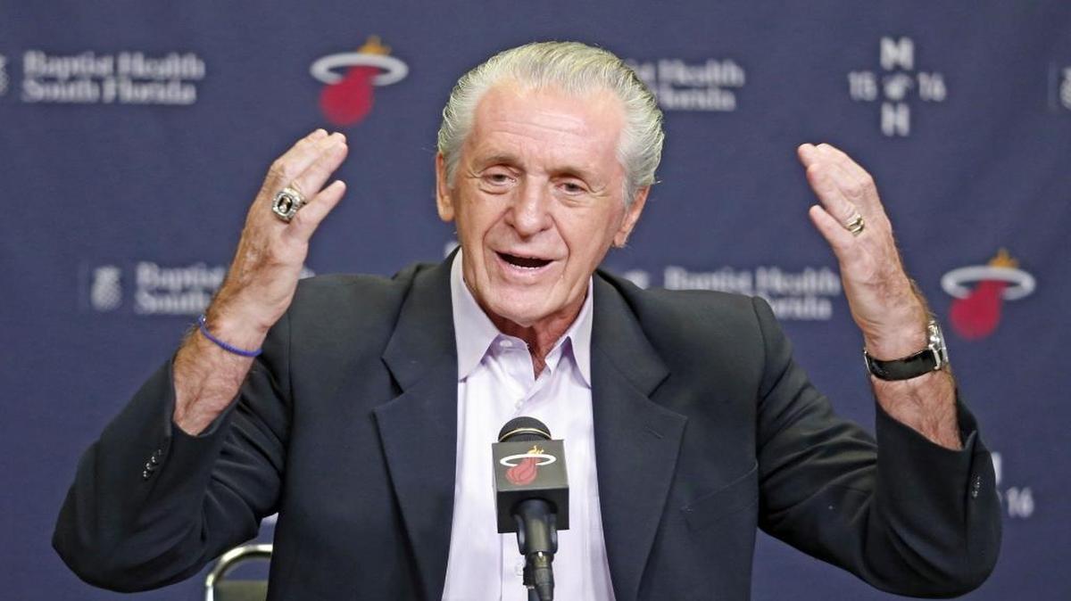 Miami Heat's Pat Riley talks with the media at the AmericanAirlines Arena about the season and the future of the team, May 18, 2016.