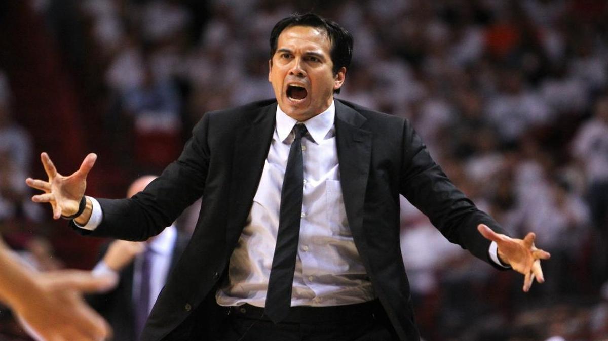 Miami Heat head coach Erik Spoelstra reacts after a play during the first quarter in Game 5 of the first round of the 2016 NBA Eastern Conference Playoffs against the Charlotte Hornets at AmericanAirlines Arena in Miami on Wed., April 27, 2016.