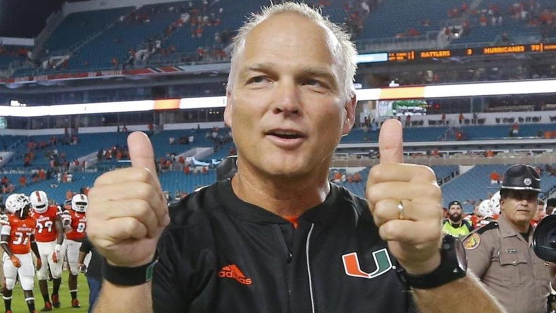 Miami Hurricanes head coach Mark Richt thumbs up after University of Miami defeats Florida A&M 70-3 at Hard Rock Stadium on Sat., Sept. 3, 2016.