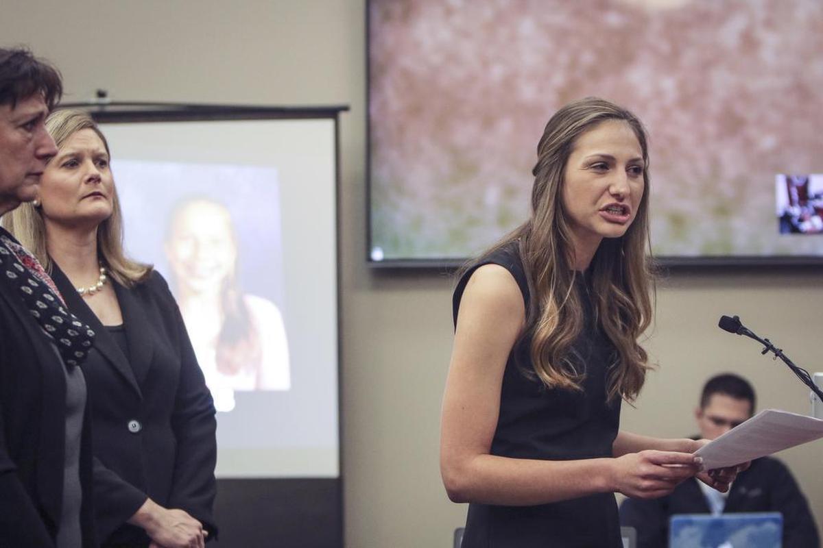 Former family friend to the Nassar family, and babysitter to Nassar’s children Kyle Stevens, right, addresses Larry Nassar on Tuesday, Jan. 16, 2018.