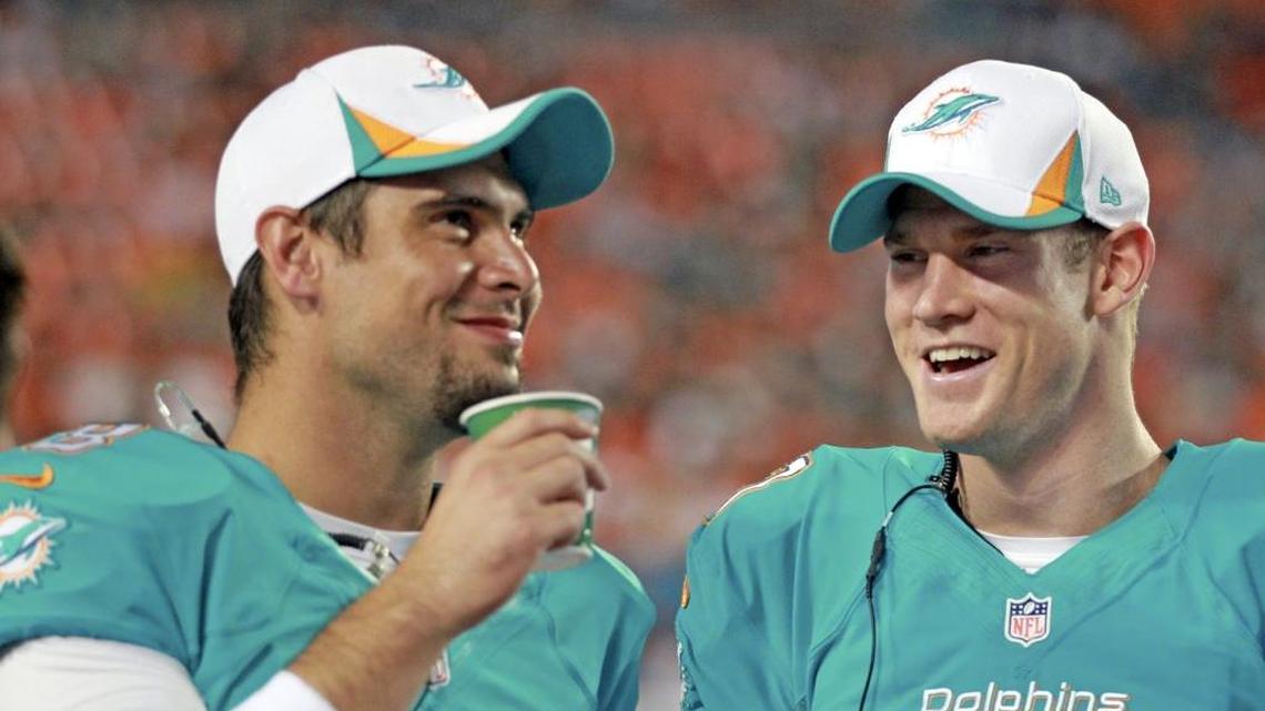 Ryan Tannehill, right, and Matt Moore are ranked 24th of 32 NFL QB situations in ESPN’s latest Dolphins slam.