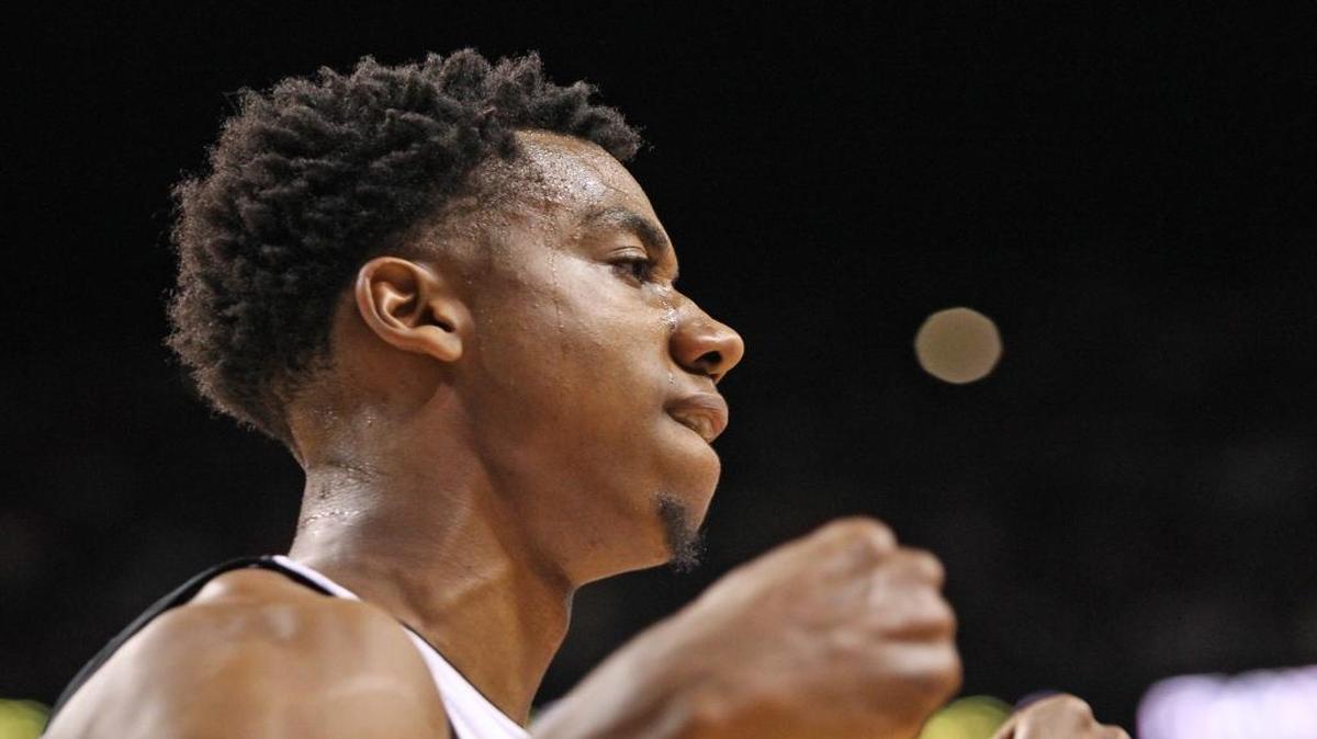 Hassan Whiteside, of the Miami Heat reacts after a play in the second quarter during the game Miami Heat vs Portland Trailblazers on Sunday, December 20, 2015 at the AmericanAirlines Arena.