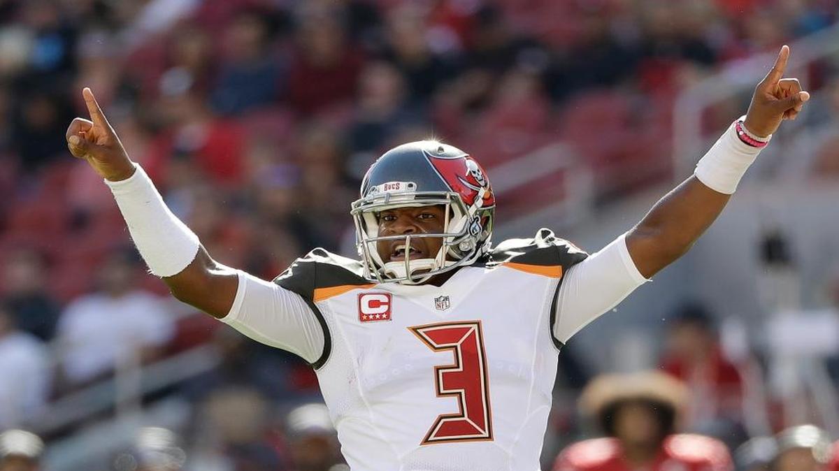 Tampa Bay Buccaneers quarterback Jameis Winston (3) signals at the line of scrimmage during the first half of an NFL football game against the San Francisco 49ers in Santa Clara, Calif., Sun., Oct. 23, 2016.