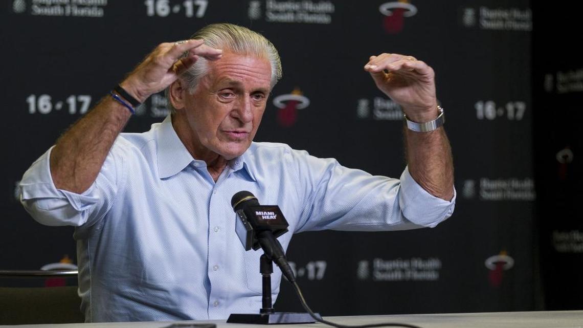Pat Riley speaks to the media during a press conference after the Miami Heat chose Bam Adebayo as their first pick during the NBA draft on Thurs., June 22, 2017 at the AmericanAirlines Area in downtown Miami.