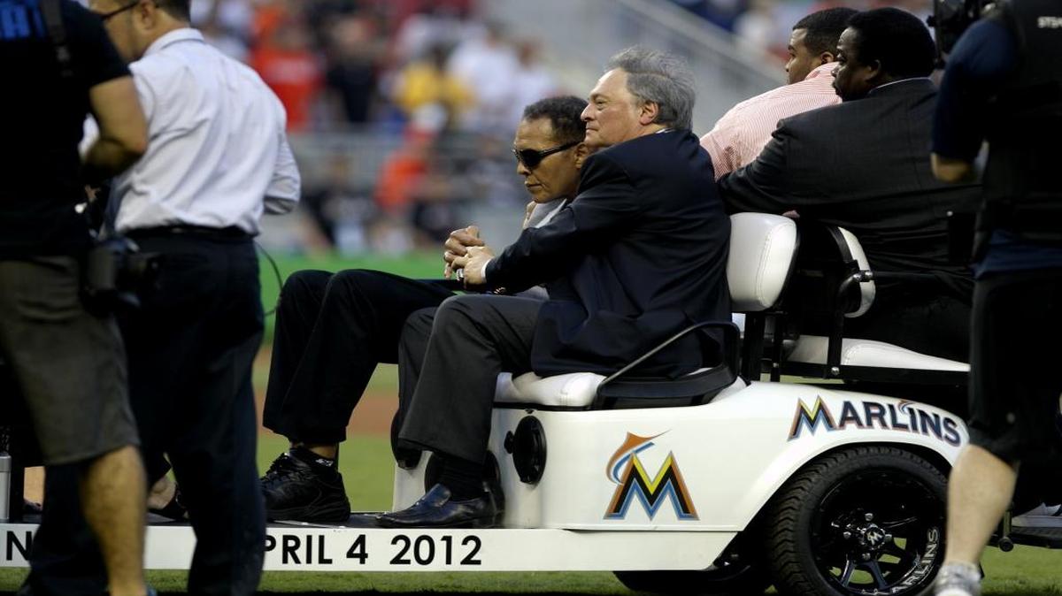 A dubious choice for a cursed franchise: Marlins owner Jeffery Loria christened Marlins Park in 2012 by wheeling out a feeble, Parkinson’s-riddled Muhammad Ali on a golf cart to throw out the first pitch as the home crowd gasped.