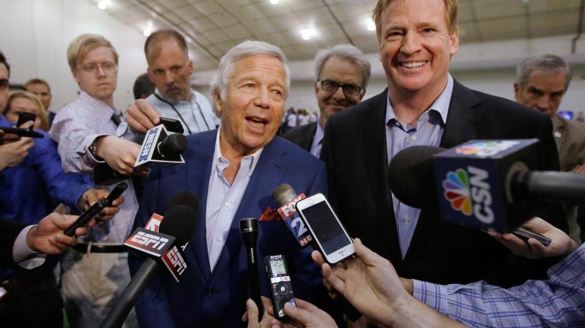
NFL commissioner Roger Goodell, right, and New England Patriots owner Robert Kraft address members of the media during a football safety clinic for mothers at the team's facilities in Foxborough, Mass., on May 29, 2014. 
