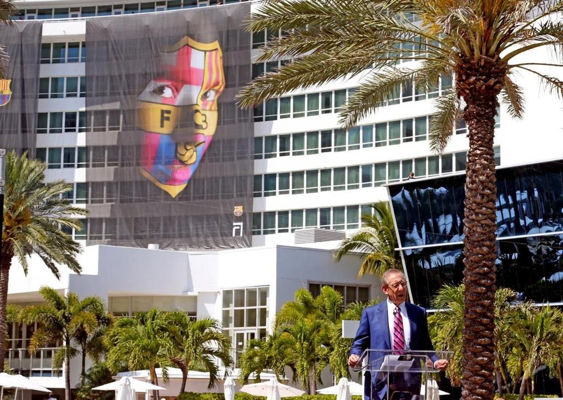 Miami Dolphins owner Stephen Ross announces that FC Barcelona and Real Madrid soccer teams will meet on Saturday at Hard Rock Stadium as part of the 2017 International Champions Cup. Ross announced the event at the Fontainebleau Hotel on Miami Beach, March 10, 2017.