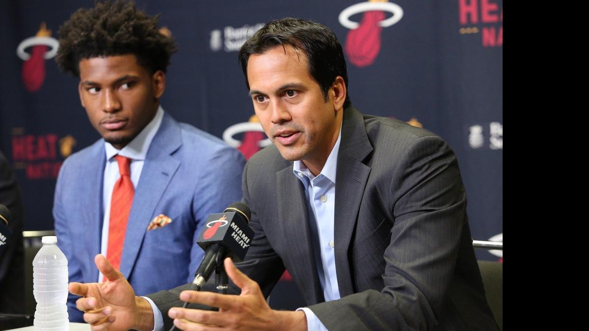 
Eric Spoelstra, head coach of the Miami Heat talk to the media during the introduction of the new rookie Justise Winslow at AmericanAirlines Arena on Monday, June 29,2015.
