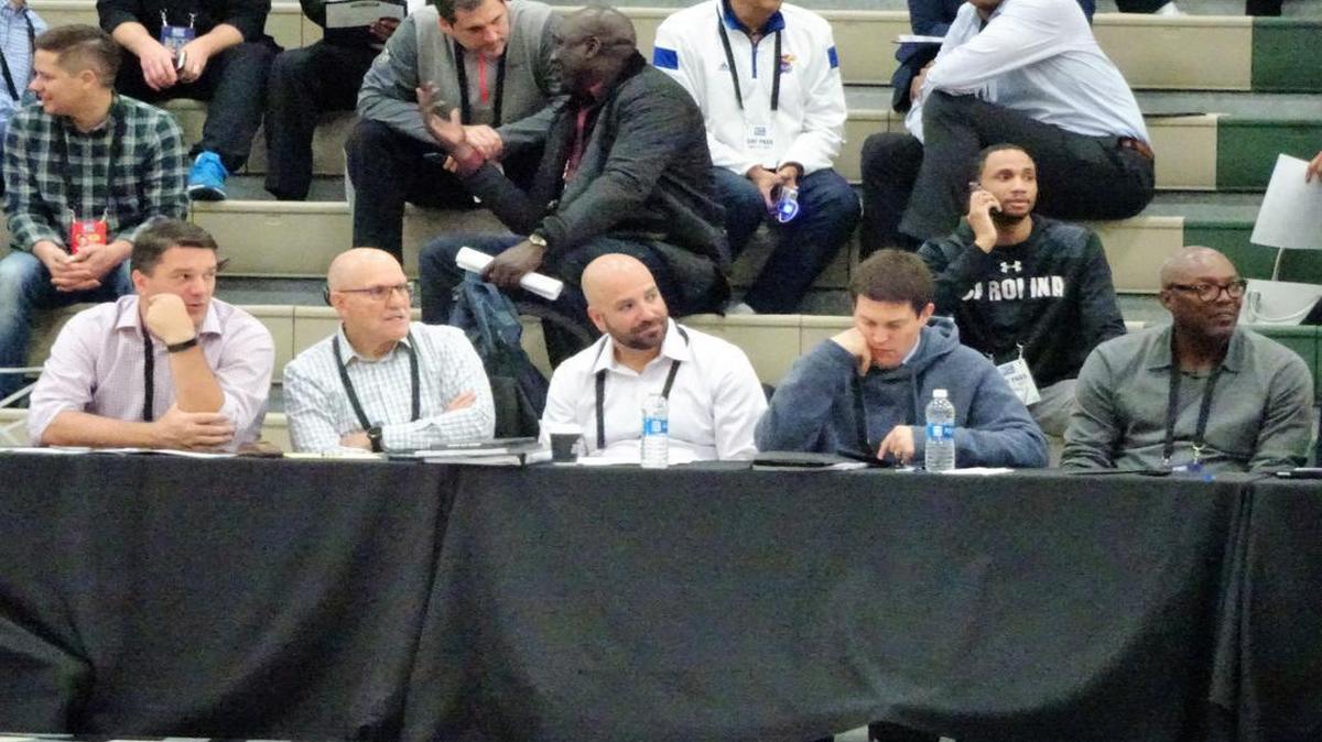 Chet Kammerer (second from left) is leaving his position as the Heat's vice president/player personnel to become a Heat senior advisor and Adam Simon (third from left) will replace him. Also in this photo from the 2017 NBA Draft Combine in Chicago: Heat director of scouting Eric Amsler (far left), Heat CEO Nick Arison (second from right) and Heat director of college and pro scouting Keith Askins (far right).