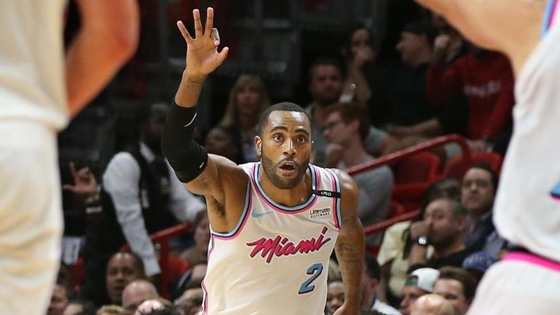 The Miami Heat's Wayne Ellington reacts after shooting a three-pointer in a March game against Philadelphia. Ten teams, including Miami, have called about Ellington since the start of free agency on Saturday night.