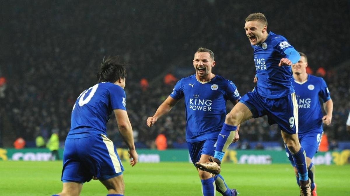 FILE- In this Monday, March 14, 2016 file photo, Leicesters Shinji Okazaki, left, celebrates with teammates Jamie Vardy, right, and Daniel Drinkwater, after scoring during the English Premier League soccer match between Leicester City and Newcastle United at the King Power Stadium in Leicester, England.