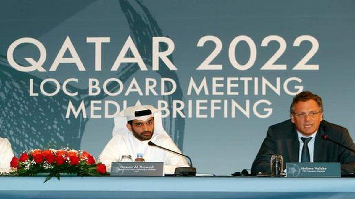 
 From left, Nasser Al Khater, Qatar 2022 local organizing committee deputy CEO, Hassan Al Thawadi, head of the World Cup organizing committee, and FIFA secretary general Jerome Valcke talk at a news conference Wednesday in Doha.
