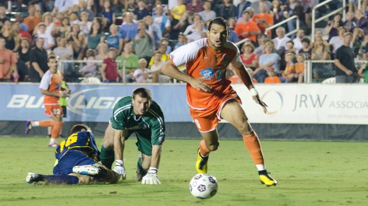 Pablo Campos, right, the first player in the modern NASL era to score 50 career goals was signed last week by Miami FC.