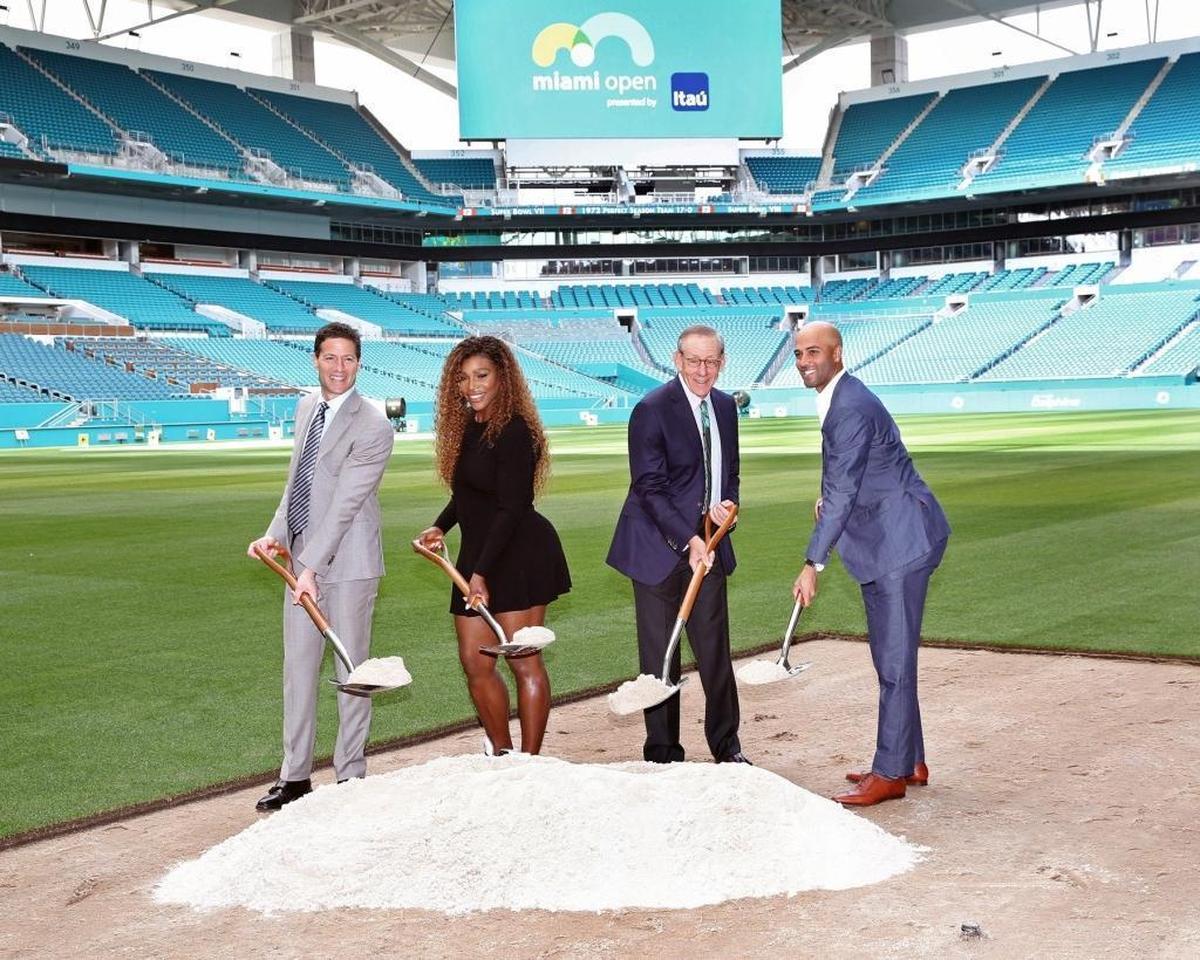 Groundbreaking for new Miami Open at Hard Rock Stadium as Mark Shapiro (from left), Serena Williams, Stephen Ross and James Blake do the honors. The tournament kicks off on Key Biscayne Wednesday and will relocate to Hard Rock Stadium in 2019.