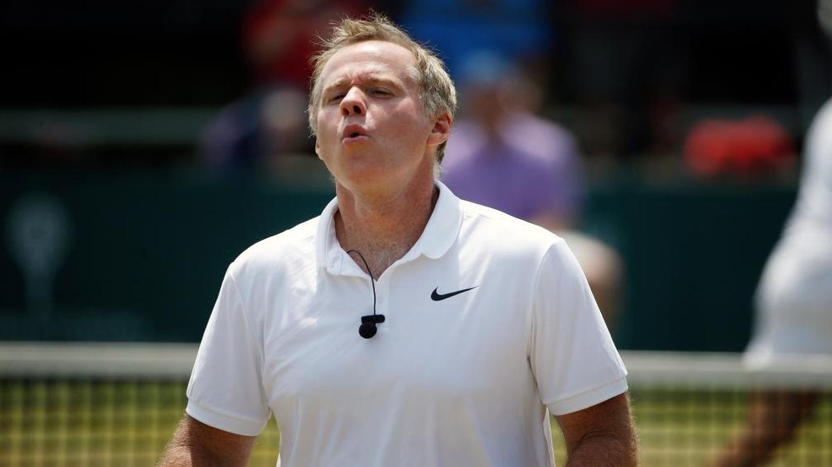 Patrick McEnroe plays in an exhibition doubles match at the International Tennis Hall of Fame Championship in Newport, R.I., Sunday, July 19, 2015.