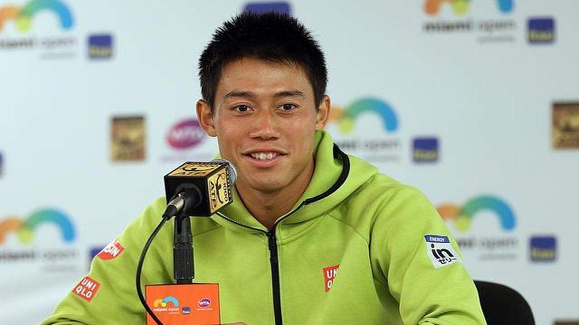 
Kei Nishikori chats with the press after defeating Viktor Troicki during the fourth round at the Miami Open tennis tournament in Key Biscayne on Monday, March 30, 2015.
