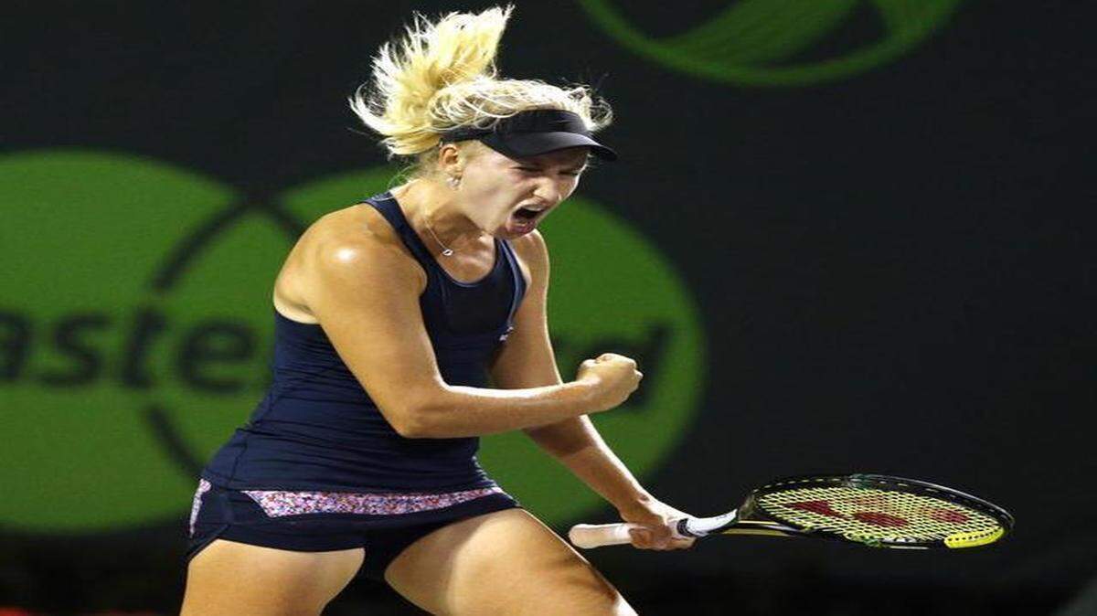 
Daria Gavrilova celebrates after beating by Maria Sharapova in the tie-breaker in the first set at the Miami Open in Key Biscayne on March 26, 2015. Gavrilova defeated Sharapova 7-6, 6-3.
