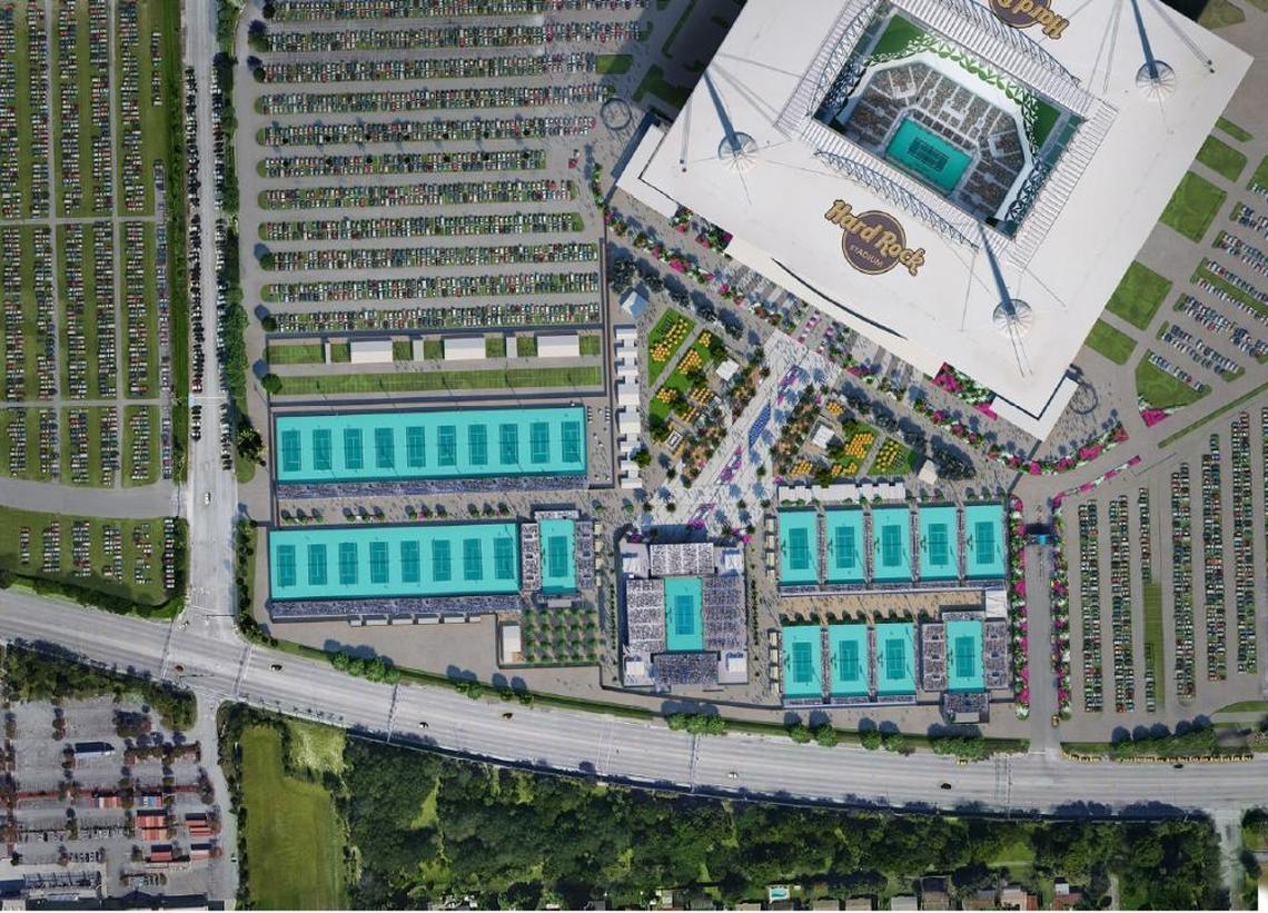 According to IMG president Mark Shapiro, IMG and Dolphins owner Stephen Ross will spend ‘upwards of $60 million’ to build ‘a full-time tennis, entertainment center’ on the parking lots adjacent to the stadium as shown in this artist’s rendering.